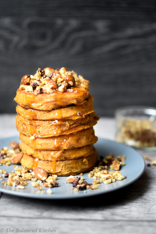 Vegan Sweet Potato Pancakes with Crushed Nuts & Maple Syrup
