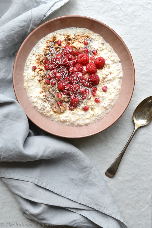 Creamy Oats with Raspberries, Pomegranate & Peanut Butter