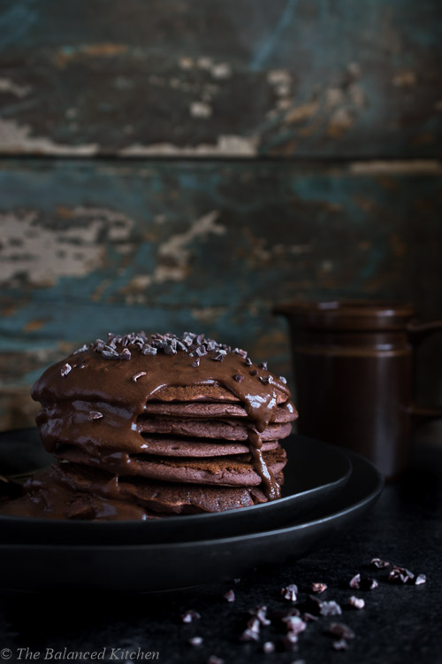 Vegan Chocolate Pancakes with Chocolate & Caramel Sauce