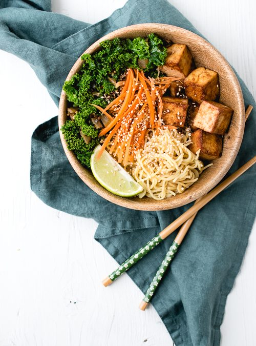 Tamari Marinated Tofu, Stir-fried Kale, Noodles & Sesame