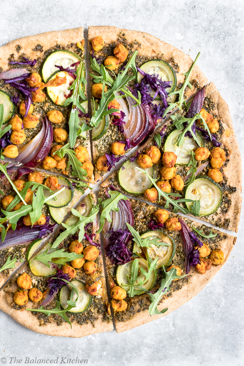Vegan Kale Pesto Pizza with Spiced Chickpeas, Courgette & Rocket