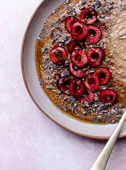 Chocolate, Cherry Creamy Oats with Maple Syrup