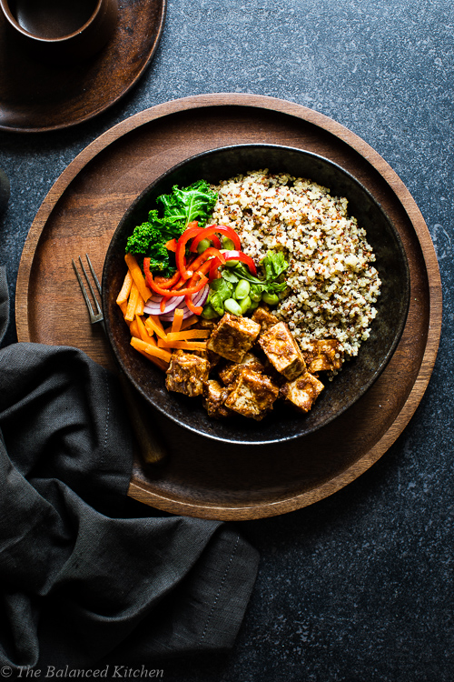 Spicy Peanut Butter Tofu with Quinoa and Crunchy Vegetables
