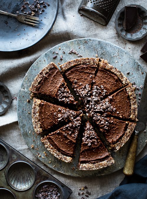 No-Bake, Chocolate Tart with Nut Crust and Cacao Nibs