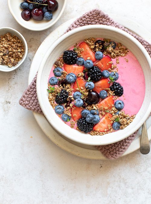 Raspberry Cream Smoothie Bowl topped with Summer Berries