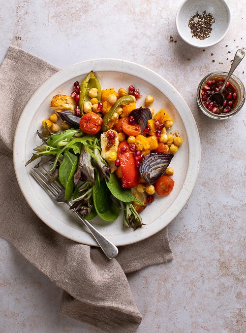 Roasted Butternut, Peppers & Red Onion with Chickpeas & Halloumi with Pomegranate Dressing